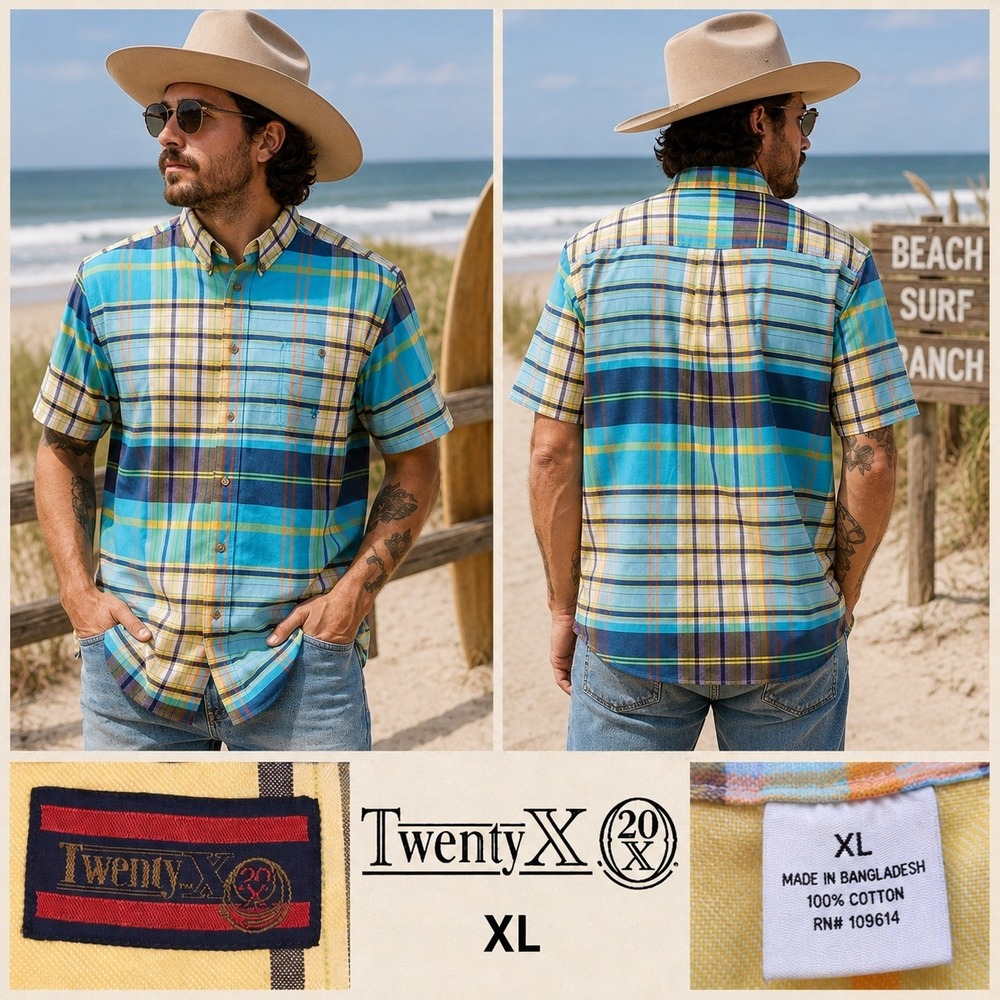 TwentyX‎ Mens XL Plaid Button Down Shirt Short Sleeve Blue Yellow Cotton Western